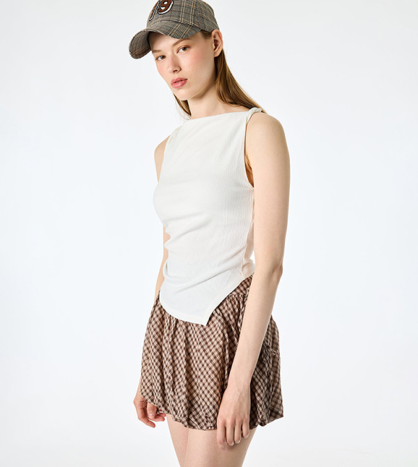 Solid Asymmetric Boat Neck Sleeveless Top