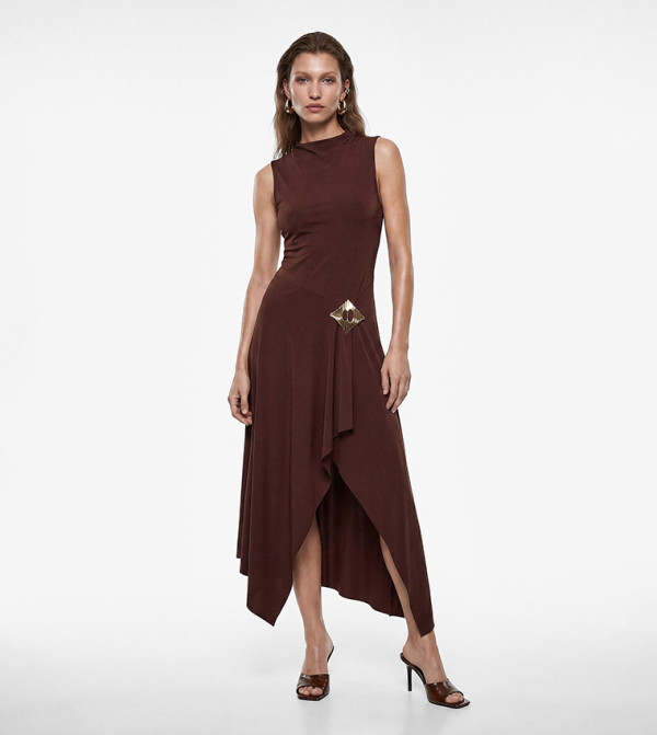 Solid Gold-Tone Brooch Asymmetric Midi Dress