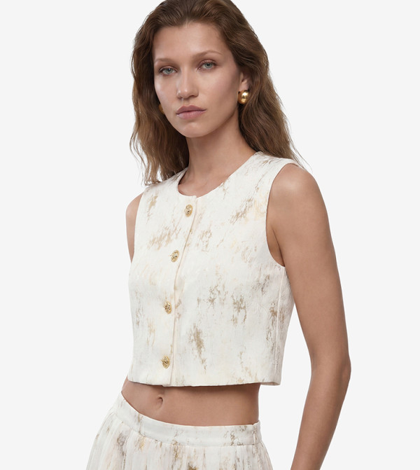 Printed Crew Neck Gold Button Waistcoat