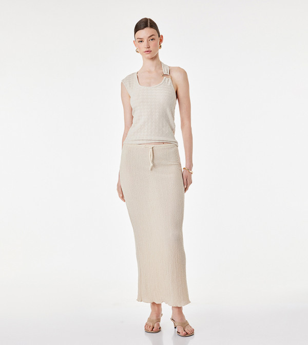 Textured Drawstring Waist Midi Skirt