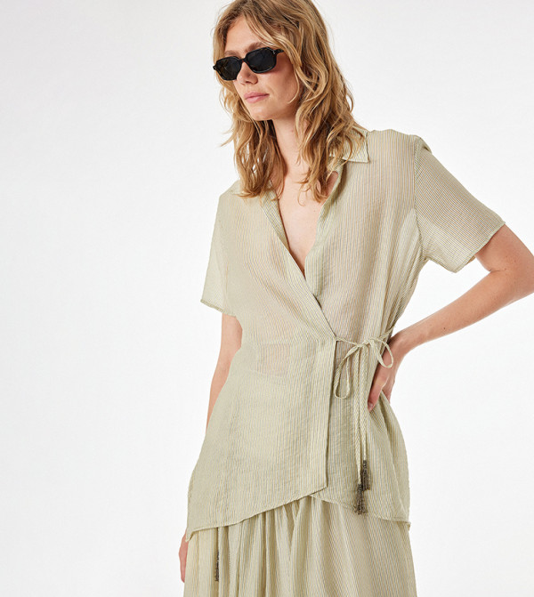 Striped Short Sleeves Wrap Shirt
