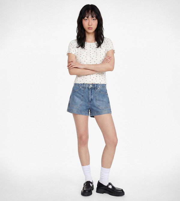 Washed Button Closure Denim Shorts