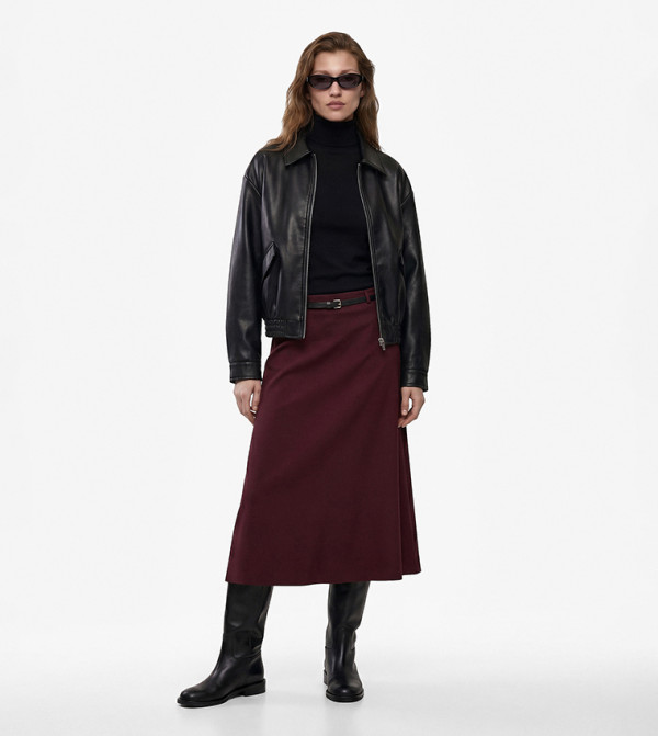 Solid Belted A-Line Midi Skirt
