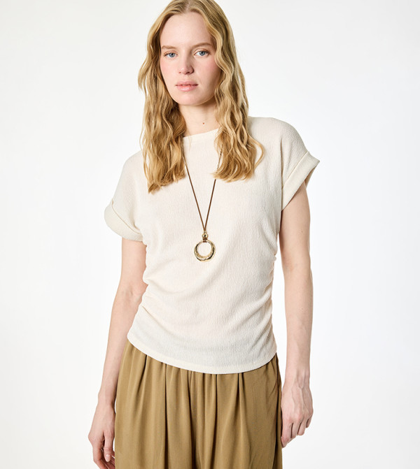 Textured Crew Neck Draped Cap Sleeves Top