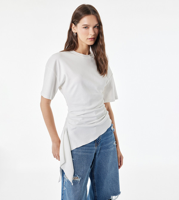Solid Crew Neck Asymmetric Ruched T-Shirt
