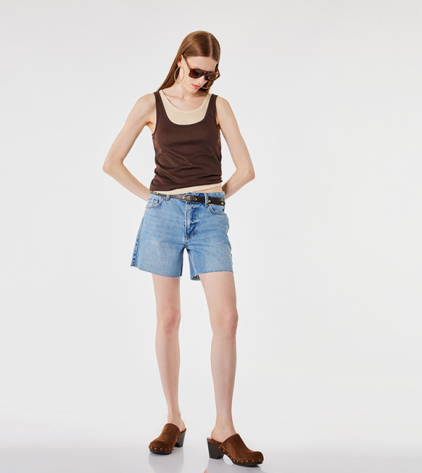 Washed Button Closure Denim Shorts