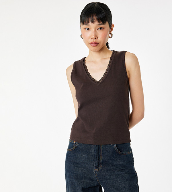 Ribbed Lace Trim V-Neck Top