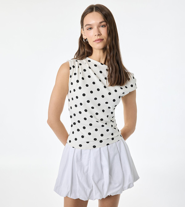 Polka Dots Asymmetric Draped Sleeveless Top