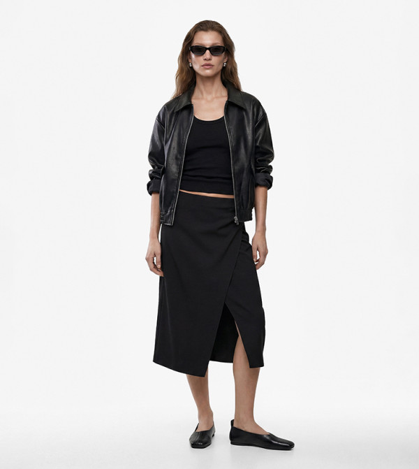 Solid Wrap Detail Midi Skirt