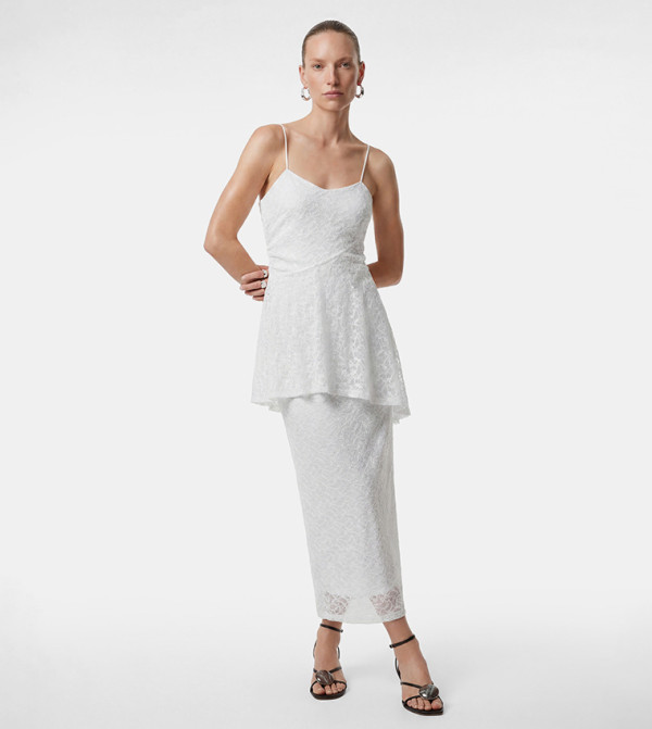 Lace Peplum Asymmetric Midi Dress