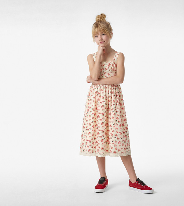 Floral Print Square Neck A-Line Midi Dress