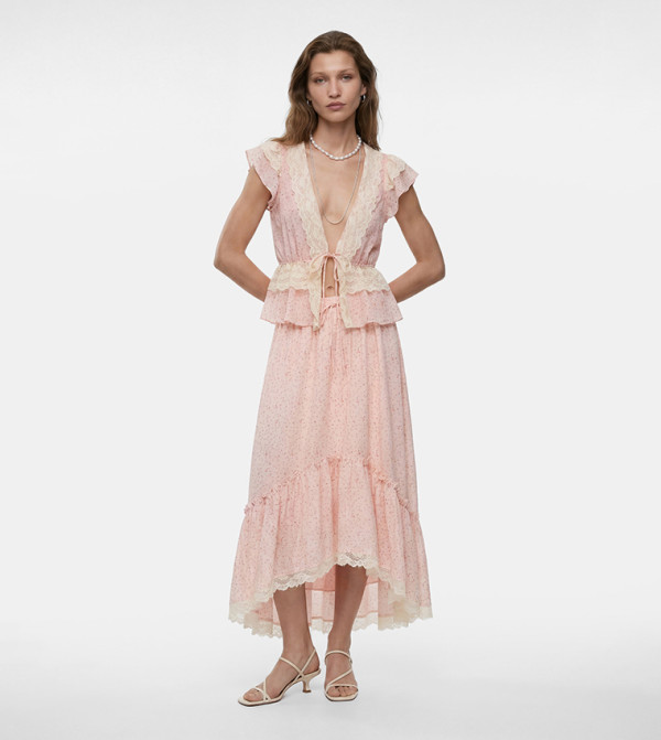 Floral Print Plunge Neck Lace Trim Top