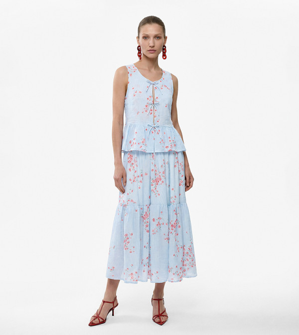 Floral Print Tie-Up Neck Peplum Top