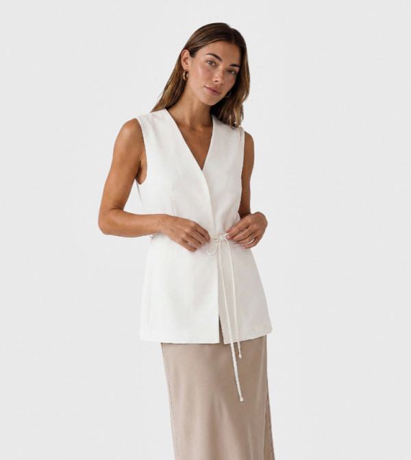 Solid V Neck Belted Waistcoat