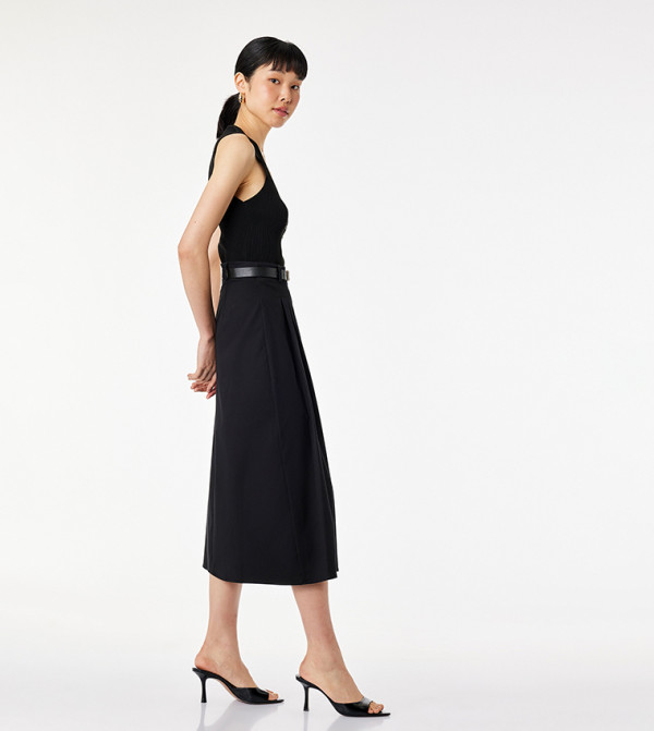 Solid Pleated Midi Skirt