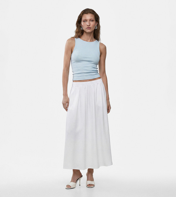 Solid Elastic Waist Flared Midi Skirt
