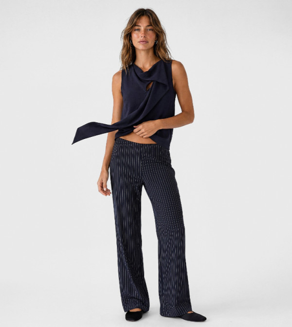 Striped Elastic Waist Wide Leg Trousers