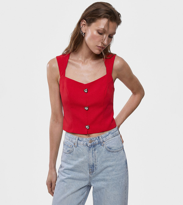 Solid Button Detail Sleeveless Top