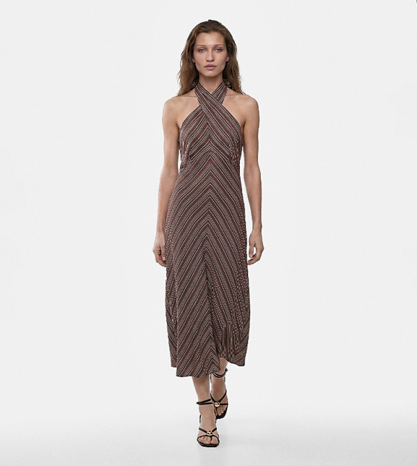 Striped Halterneck A-Line Midi Dress