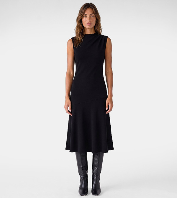 Solid Draped Crew Neck Midi Dress