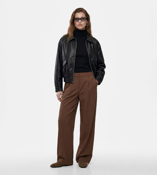Solid High Rise Wide Leg Trousers
