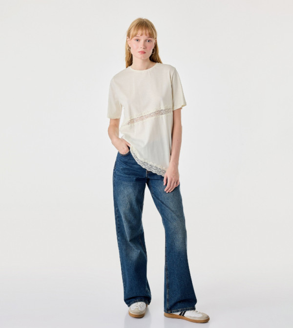Lace Trim Crew Neck Asymmetric T-Shirt