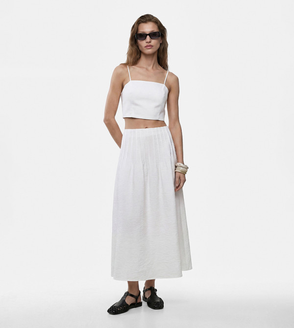 Solid Elastic Waist A-Line Midi Skirt
