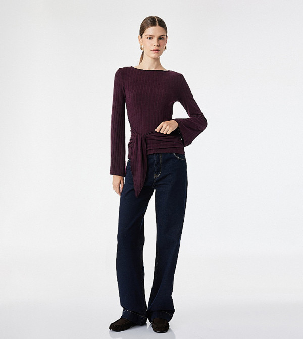 Ribbed Boat Neck Tie Detail Top