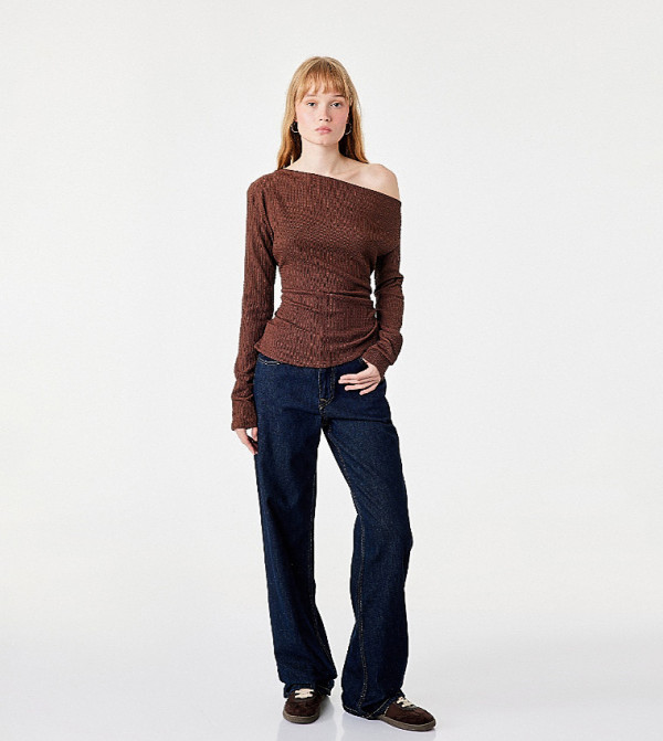 Textured One Shoulder Long Sleeves Top