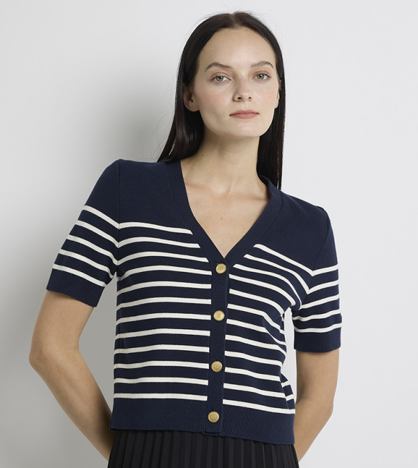 Striped Short Sleeves Crop Cardigan