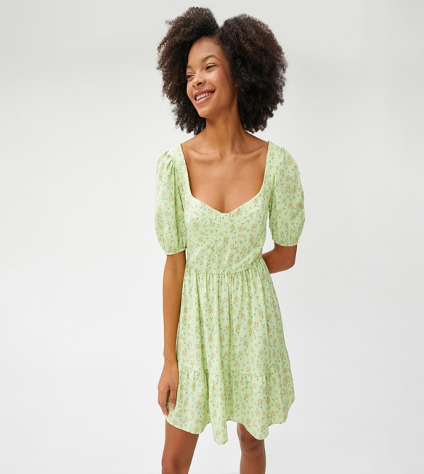 Floral Print Balloon Sleeves Mini Dress