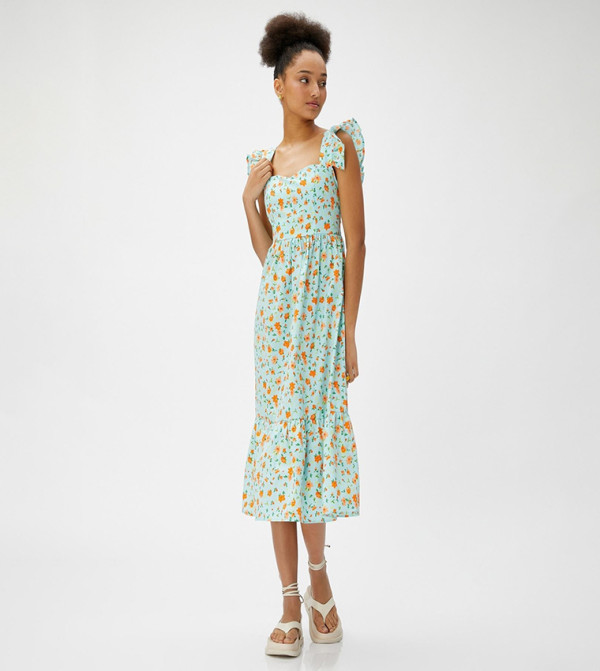 Floral Print Ruffle Sleeves Midi Dress