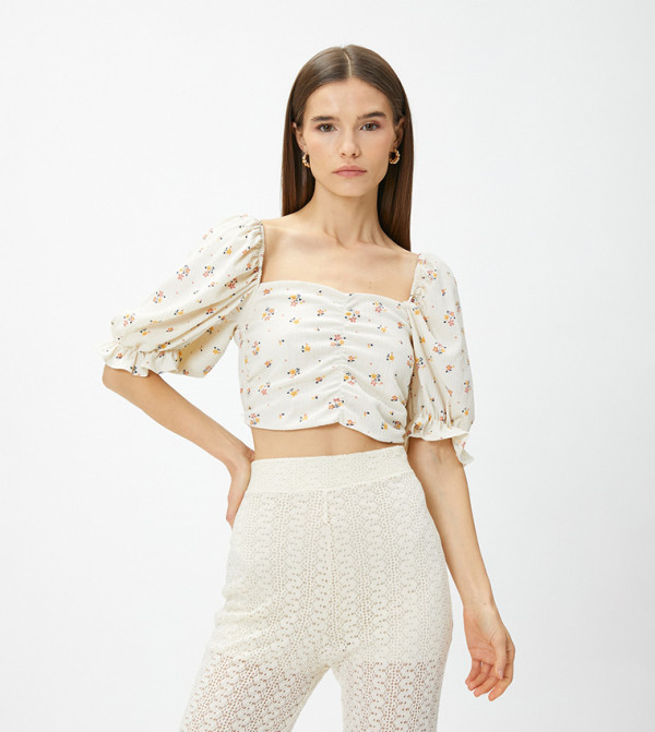 Printed Smocked Back Cropped Top