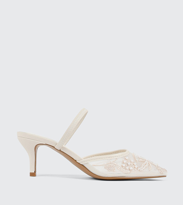 Embroidered Mesh Mule Pumps