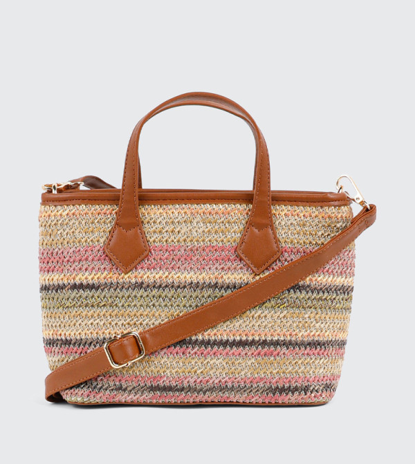 Striped Straw Weave Tote Bag