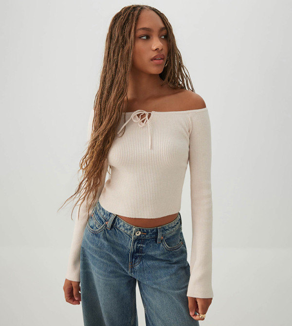 Ribbed Off Shoulder Knit Crop Top