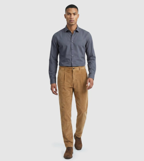 Pleat Detail Straight Fit Corduroy Trousers