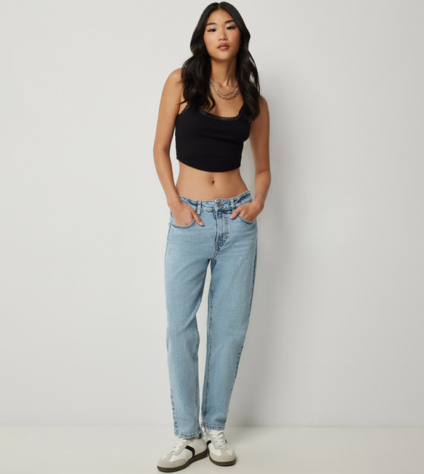 Washed High Rise Mom Fit Jeans