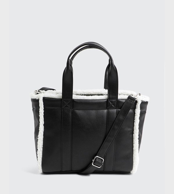 Sherpa Trim Faux Suede Tote Bag