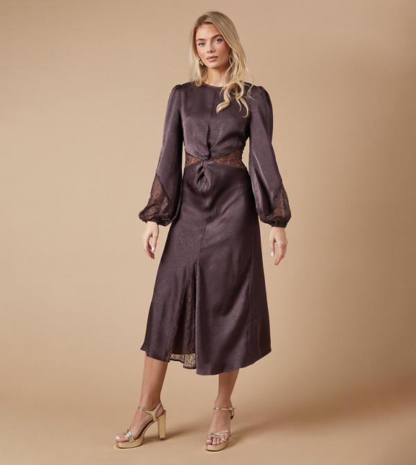 Lace Detail Long Sleeves Satin Midi Dress