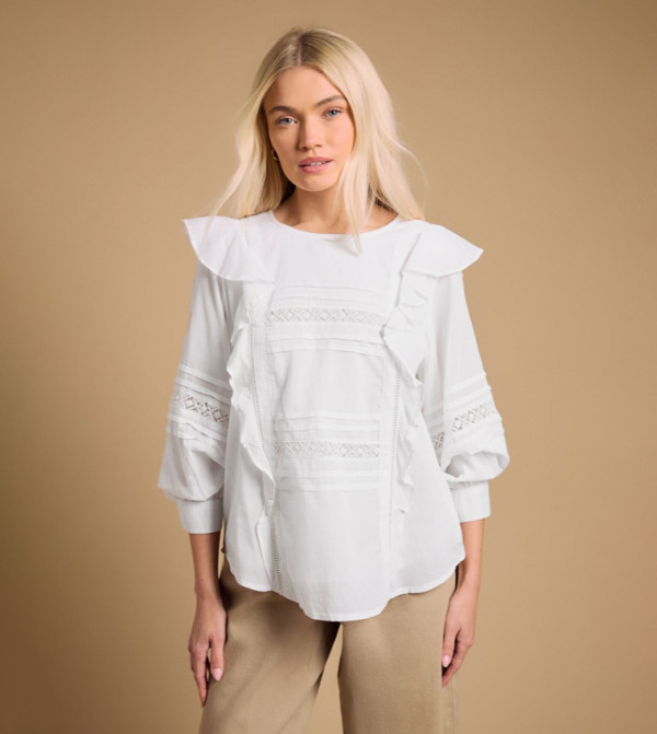 Trim Detail Frill Shoulder Crew Neck Top