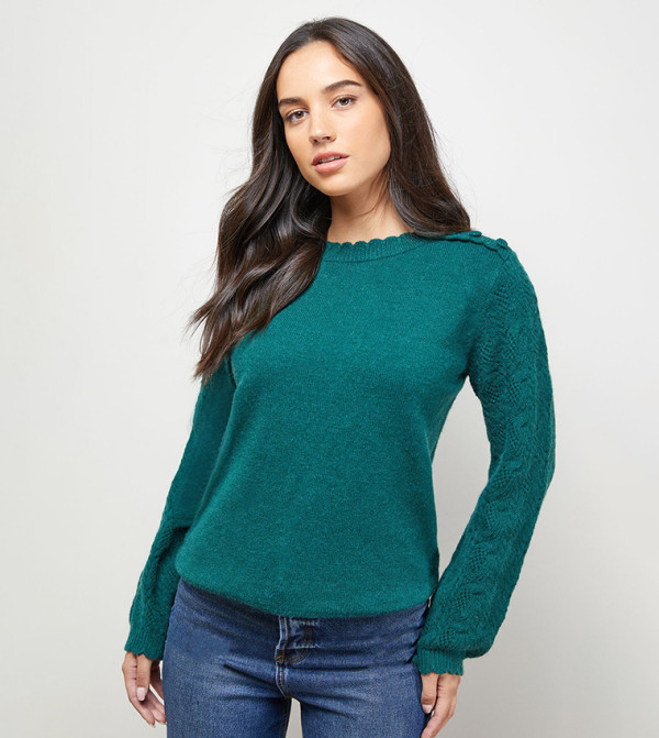 Stitch Detail Sleeves Ruffle Neck Sweater
