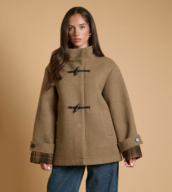 High Neck Duffle Coat with Turn Back Cuff Detail