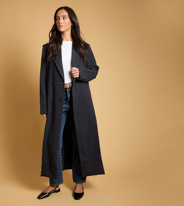 Premium Diamante Trim Collar Single Breasted Coat