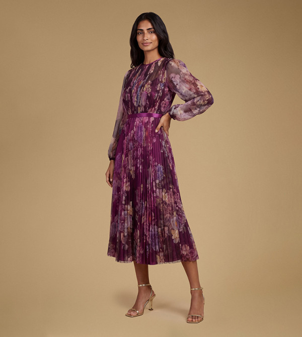 Petite Printed Mesh Balloon Sleeves Midi Dress