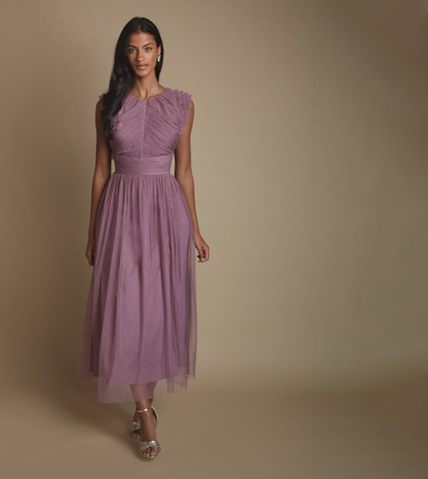 Petite Pleated Bodice Ruffle Mesh Midi Bridesmaid Dress