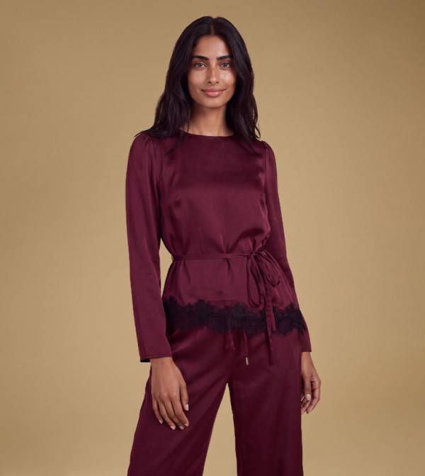 Petite Satin Back Crepe Black Lace Trim Top