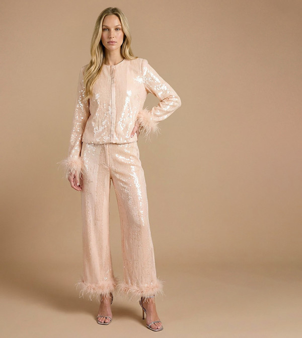 Sequin Feather Trim High Waist Trousers
