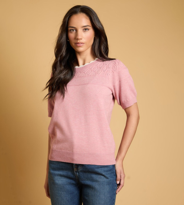 Double Layer Fine Knit Pointelle Crew Neck Sweater