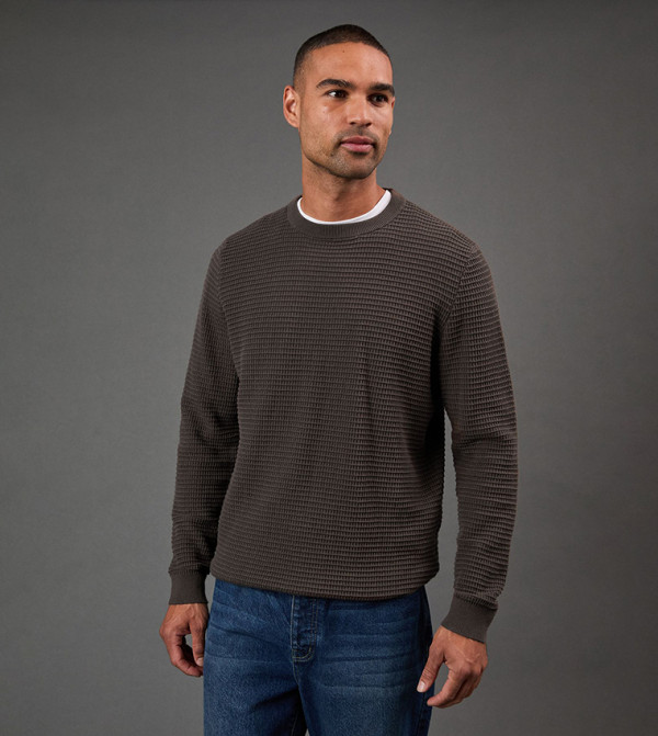 Waffle Crew Neck Knitted Sweater
